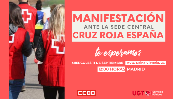 serviciosccoo's tweet photo. 🔴 ​​​​​​​CCOO y UGT-SP se concentrarán este miércoles ante la sede de Cruz Roja en Madrid

🕛12h📍Avd. Reina Victoria, 26 

📢 Exigen la aplicación de las condiciones mínimas salariales del Convenio Sectorial, tal y como establece el ET.

Leer más...👇
🔗https://t.co/z3WX1xt7F6 https://t.co/Uquv9BsjPF