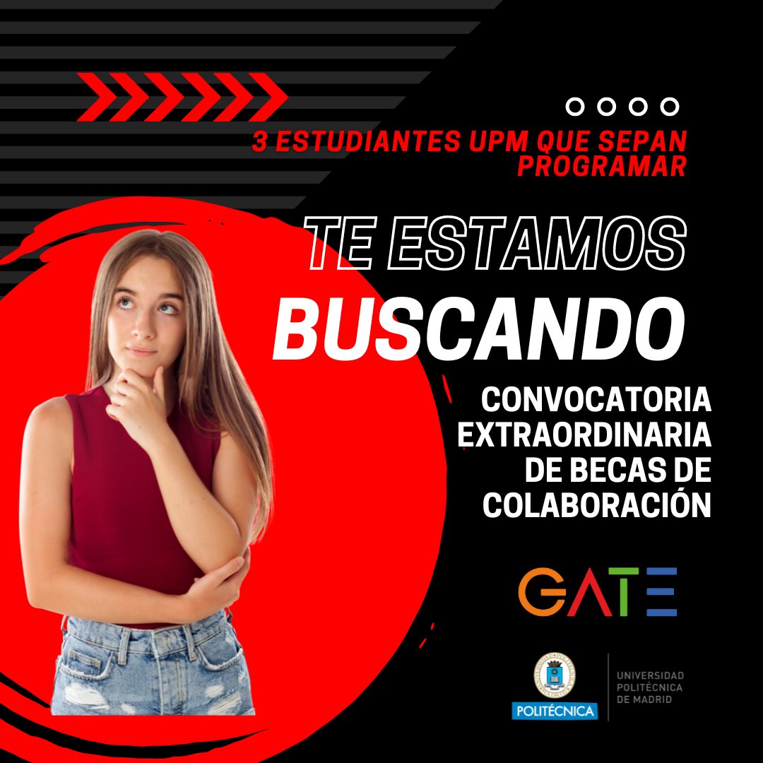 gateupm's tweet image. 📢Quieres formar parte del ⁣@gateupm ? 

Si es así y sabes PROGRAMAR, puedes optar a una de las 3 𝗕𝗘𝗖𝗔𝗦 𝗗𝗘 𝗖𝗢𝗟𝗔𝗕𝗢𝗥𝗔𝗖𝗜𝗢́𝗡 de formación para estudiantes que tenemos para ti.  ⁣

Esperamos tu solicitud⁣ ⁣🧑‍💻👩‍💻

👉short.upm.es/1cqs1

#somosupm #programar