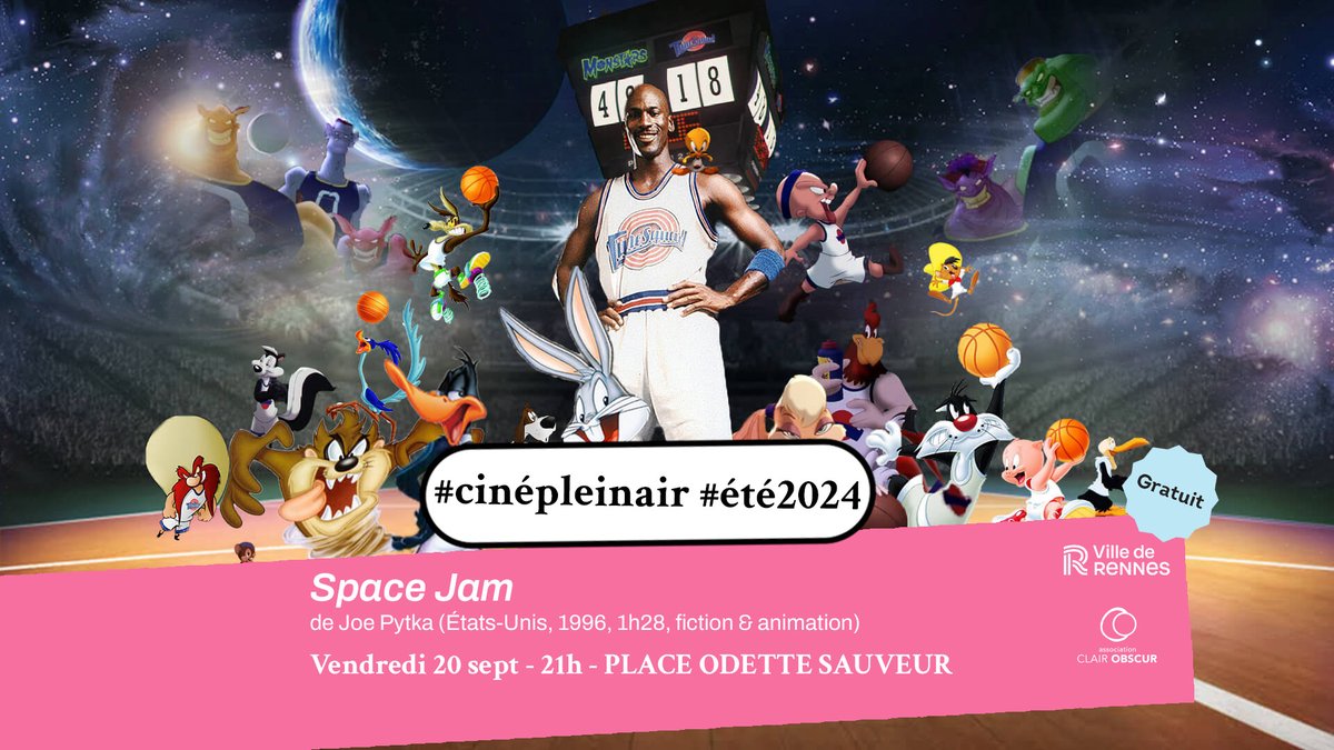 Projection #cinepleinair #été2024  
> "Space Jam" de Joe Pytka
20 sept. 2024 à 21h30 — #Rennes — Place Odette Seveur