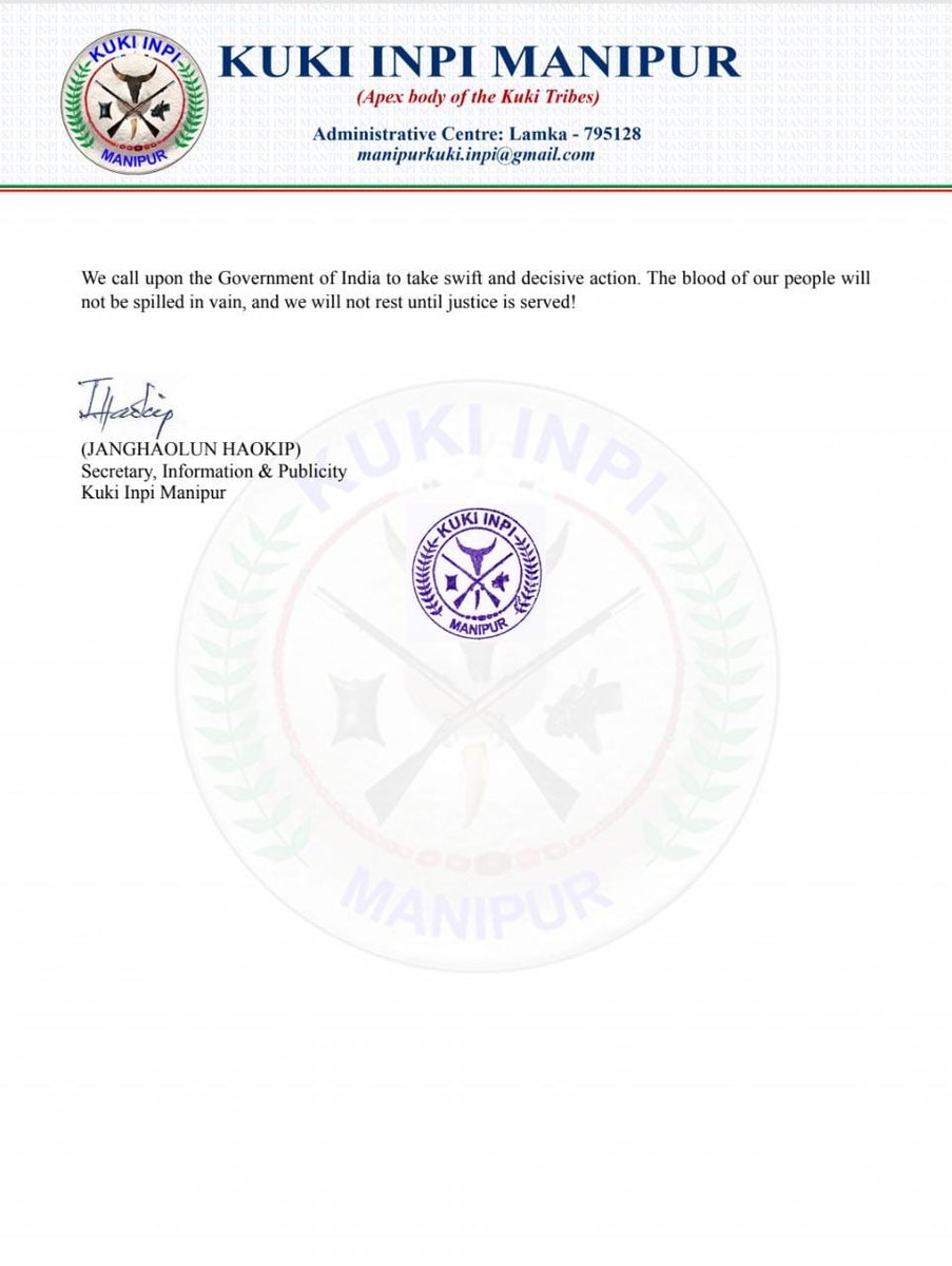 PRESS STATEMENT 
9th September 2024 
------------------------

Kuki Inpi firmly rejects the demand for Unified Command called by CM Biren Singh. 
We want immediate removal of N Biren Singh and a full investigation into his involvement in the ethnic cleansing of our People.