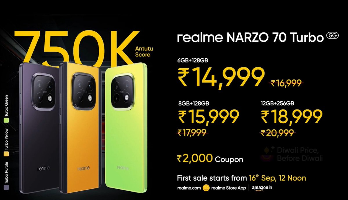 gill4241's tweet image. Boost your mobile experience with the all-new Realme Narzo 70 Turbo. #RealmeNarzo70Turbo #TechUnleashed