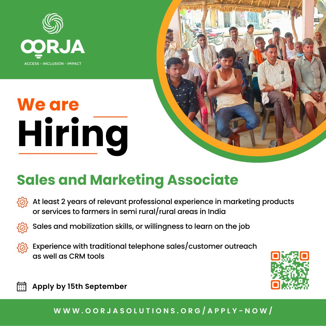 We're looking for a Sales and Marketing Associate. This is a 100% field role ideal for candidates from UP or Bihar with 1-2 years of experience working with rural communities.

Full JD: rb.gy/9nf57b

Apply before 15th September: oorjasolutions.org/apply-now
