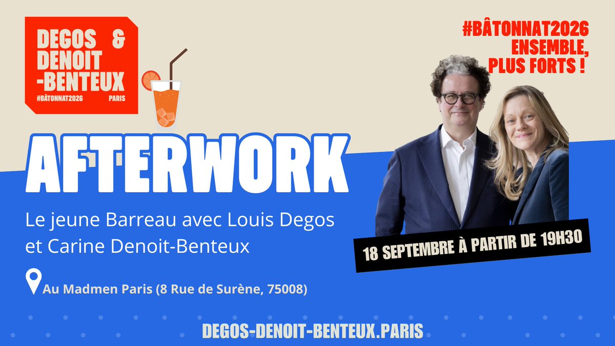ddb_batonnat26's tweet photo. 🔹 Le Jeune Barreau se réunit autour de Louis Degos et Carine Benoit Denteux 

Le 18 septembre prochain, à partir de 19h30, rejoignez-nous au Madmen Paris (8 Rue de Surène, 75008) pour un afterwork convivial ! 🎉

🖇Inscription via ce lien : https://t.co/f9Rojxc3Ca https://t.co/yCnhPlaFU6