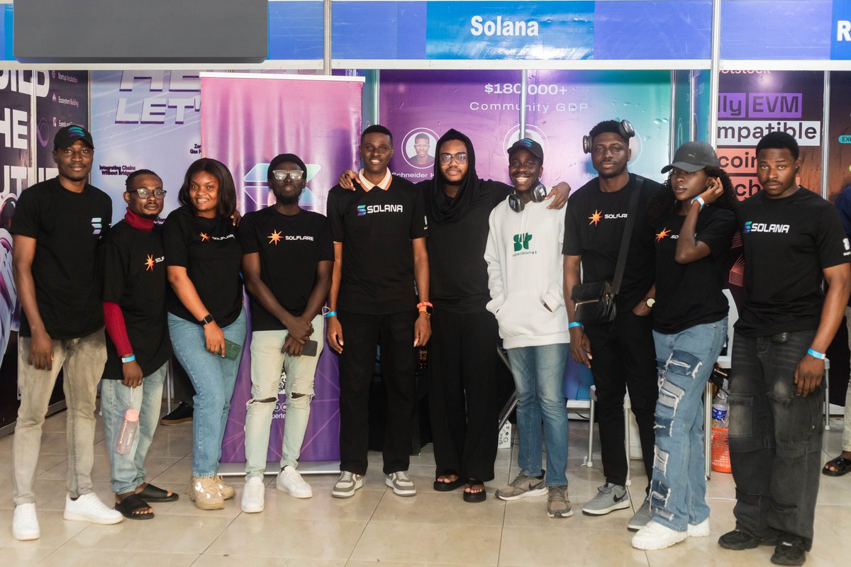 We came, we saw and we repped Solana at the just concluded <a href="/Web3LagosCon/">Web3Lagos Conference</a> 🔥 

Pic 1: Our Co-Lead talking about the Solana ecosystem on stage.
Pic 2: Our member onboarding attendees.
Pic 3: A packed crowd at our booth.
Pic 4: SuperteamNG IRL event team.

S/O to @solflare_wallet 🫡