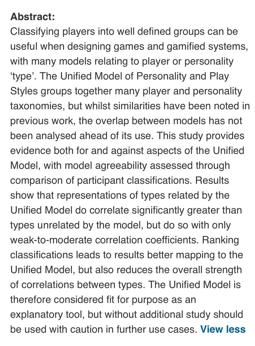 Congratulations to <a href="/Brookey1201/">NotAlex</a> on the publication of his excellent <a href="/ieee_cog/">IEEE Conference on Games</a> paper, “Assessing Type Agreeability in the Unified Model of Personality and Play Styles”! 

ieeexplore.ieee.org/document/10645…