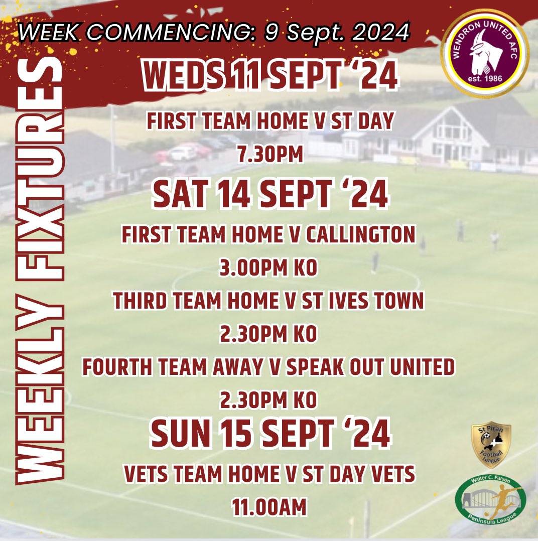 WHAT’S ON THIS WEEK
Your action this week includes a home fixture to <a href="/STDAYAFC1/">St Day AFC</a>, a host of Saturday fixtures and our Veterans team tasting action for the first time this season as they host… St Day Vets

<a href="/Cornishfootball/">Dave Deacon</a>
<a href="/swsportsnews/">South West Sports News</a> 
<a href="/swpleague/">WALTER C. PARSON PENINSULA LEAGUE</a> 
<a href="/StPiranLeague/">Kernow Stone St Piran League</a> 
<a href="/NonLeagueHQ1/">NonLeagueHQ</a>