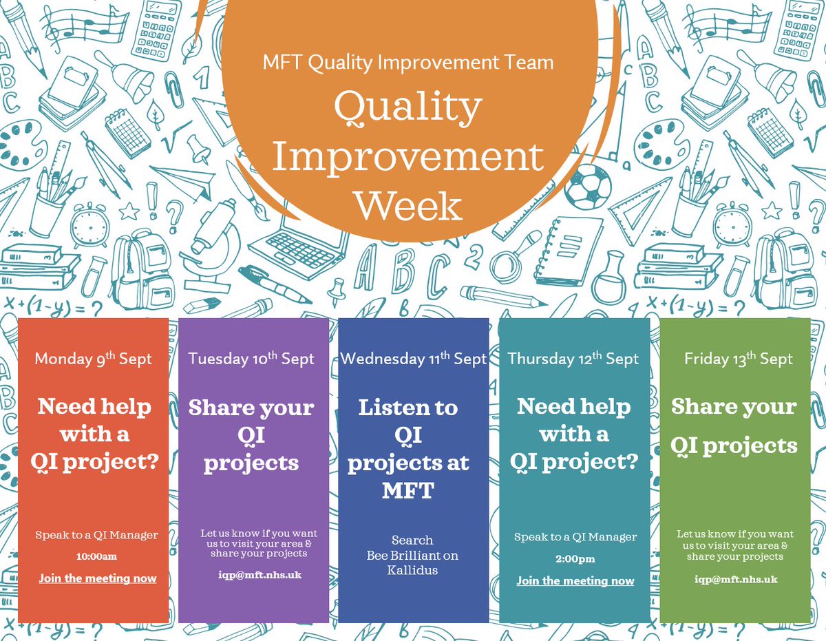 It’s Quality Improvement Week! 9th September. If you work at MFT check out what we have lined up to help you with all your fantastic improvements!