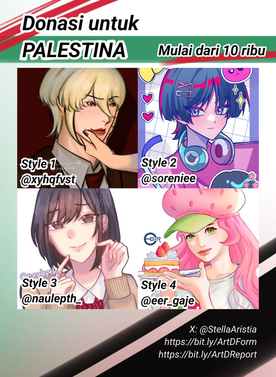 🇵🇸 Art Donation Batch 8!
100% hasil commission akan disalurkan untuk membantu saudara-saudari kita di Palestina! 

Info selengkapnya, bisa klik link berikut:
🍉 bit.ly/ArtDForm
Ps. Setiap slot Style akan di-update setiap hari Senin

#FreePalestine