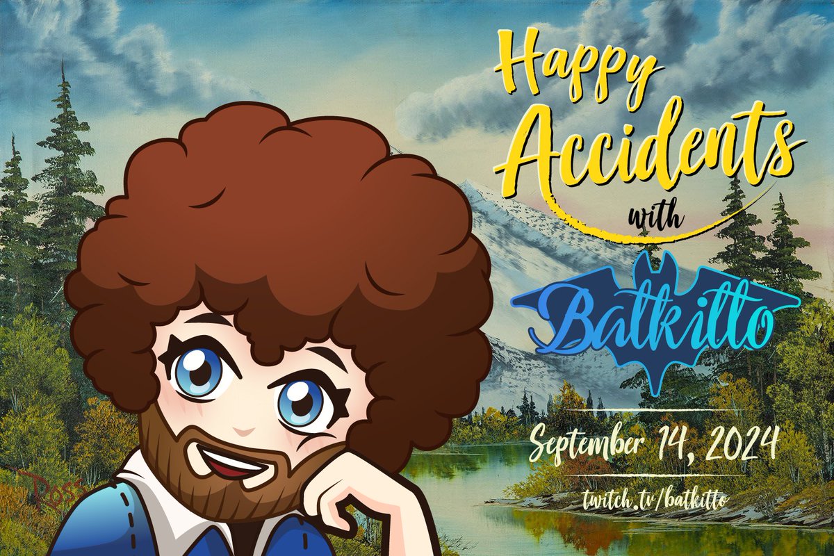 batkitto's tweet photo. Get ready for HAPPY ACCIDENTS on Saturday September 14th at 1pm UK time on twitch @ batkitto 📆

To say thank you for smashing the 100 subs goal and MORE, I'm gonna be doing a Bob Ross special! 

I have some goodies to give away too, I'd love to see you there ✨ https://t.co/G8E1i4cfHJ