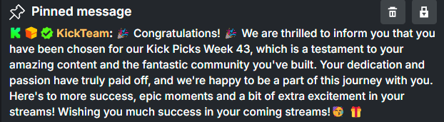 We got chosen for kick picks week 43!!! Kick dropped 100 gifted subs and put us on the front page! So glad to be a part of kick where they care about small streamers too! Put the work in and be a good person and good things will happen! #PickKick