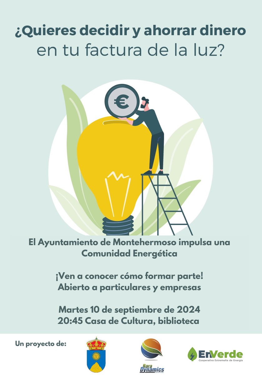 Invitamos a los vecinos y empresas de Montehermoso a la sesión informativa para conocer como participar en el proyecto de Comunidad Energética que está promoviendo el Ayuntamiento de Monthermoso. Martes 10 de septiembre a las 20:45 en la Casa de Cultura, biblioteca.