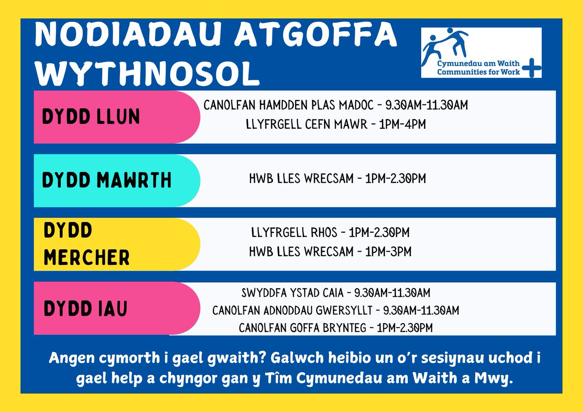CAWWrecsam's tweet photo. Mae’r tîm Cymunedau am Waith a Mwy yn cynnal sesiynau galw heibio o gwmpas cymuned Wrecsam yr wythnos hon, gweler y daflen isod i weld lle maen nhw. Nid oes angen apwyntiad. #wrecsam @cbswrecsam https://t.co/frpQPzUFJ2