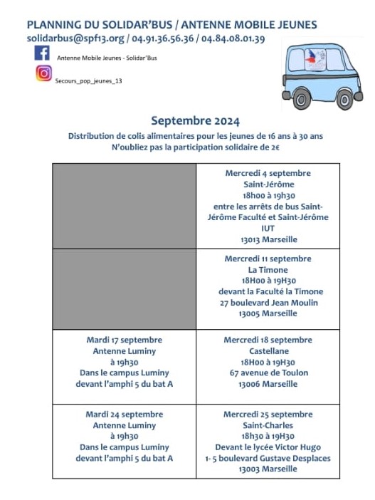 Retrouvez cette semaine les distributions alimentaires du Solidar'Bus🚚!  
👉Ce mercredi 11 septembre 18h-19h30 devant faculté la Timone, 27 bd Jean moulin 13005
En espérant vous voir nombreux !