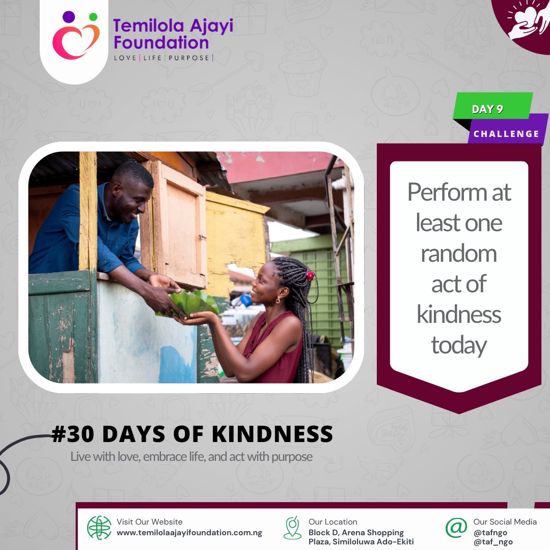 taf_ngo's tweet image. Kindness is contagious, and it starts with just one small act!

Here are 3 random acts of kindness you can do today:

Compliment someone genuinely.
Send an encouraging message to a friend.
Hold the door open for a stranger.

Remember, Kindness starts with you

#30DaysofKindness