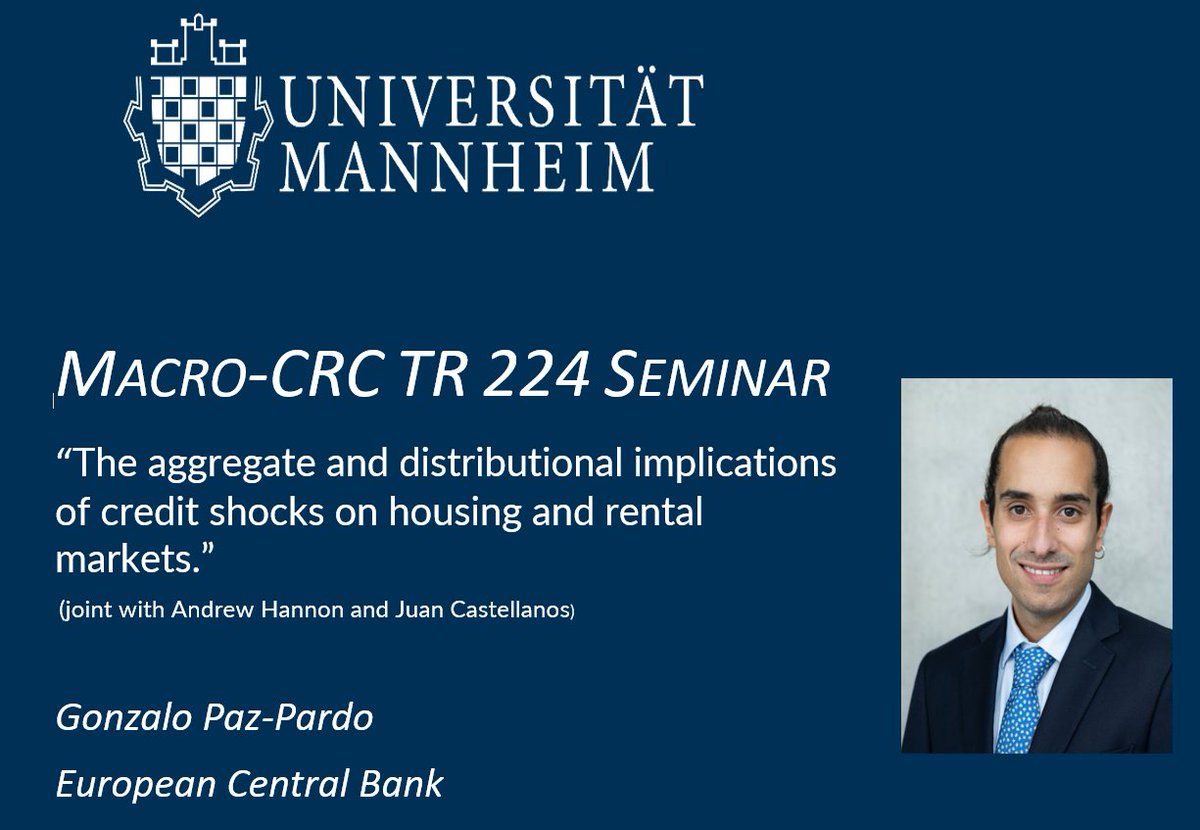 kuhnmo's tweet image. This week @GonPazPardo @ecb will present 

&quot;The aggregate and distributional implications of credit shocks on housing and rental markets&quot;

in our Macro @EPoS224 Seminar at @EconUniMannheim

@TertiltMichele @klaus_adam @tom_krebs_ @andreas_gulyas @MatthiasMeier1 @AnaMoreMaldo