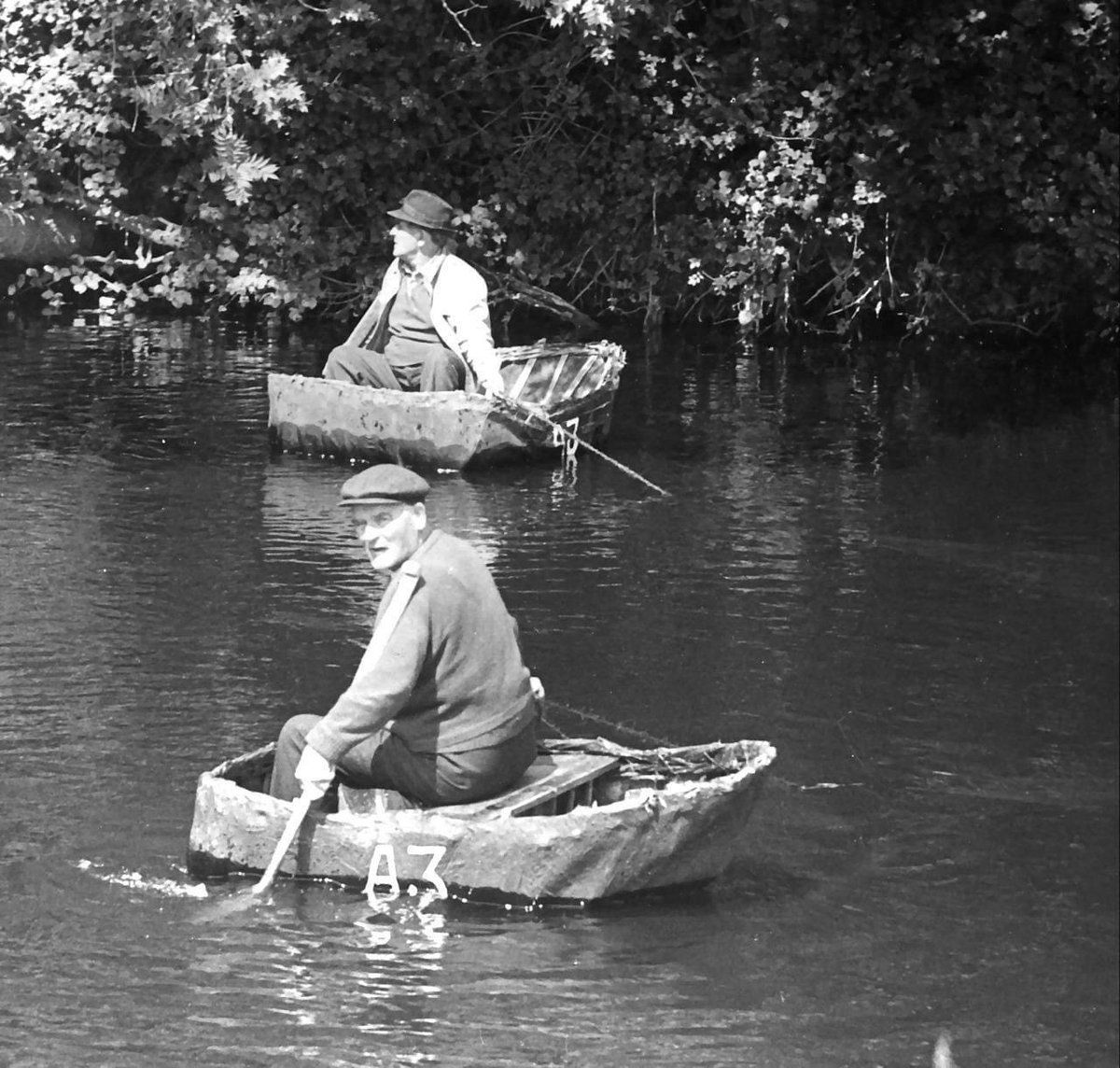 The River Teifi, West Wales, John Davies and Will Davies of Cenarth; the last two legitimate coracle fishermen in Cenarth 1972