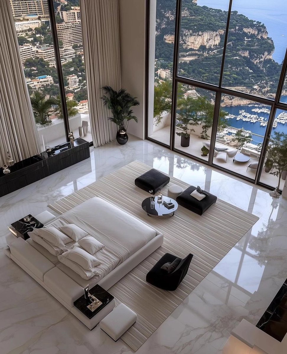 High ceiling bedroom with view