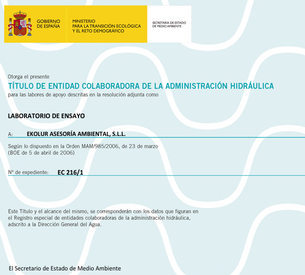 Ekolur's tweet photo. Ekolur Administrazio Hidraulikoaren Erakunde Laguntzailea izendatua izan da entsegu-laborategi gisa.
Ekolur ha sido declarada Entidad Colaboradora de la Administración Hidráulica (ECAH) como laboratorio de ensayo. https://t.co/jFpNNI6Oxh