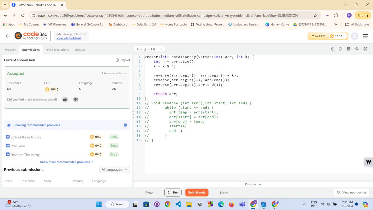 mogha_naina's tweet photo. 🎉Just solved the Rotate Array problem on #Code360 by @codingninjas! 💻 Test cases: ✅ 6/6 Language: C++ EXP earned: ⚡40/40 Feeling great about this! 🚀
#codinglife #cpp #programming #problemsolving #developer #codechallenges #TechTwitter https://t.co/bGtLZKCeMi