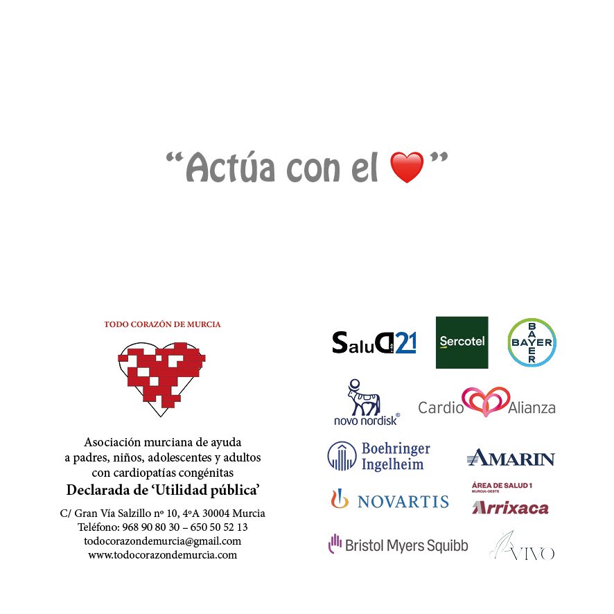 Otro año más vamos a conmemorar el Día Mundial del Corazón con nuestras XVI Jornadas sobre Cardiopatías Congénitas, si estás interesado y quieres asistir no dudes en escribirnos a 📩 todocorazondemurcia@gmail.com o llámanos al 📞 650 50 52 13. 
¡Te esperamos!
