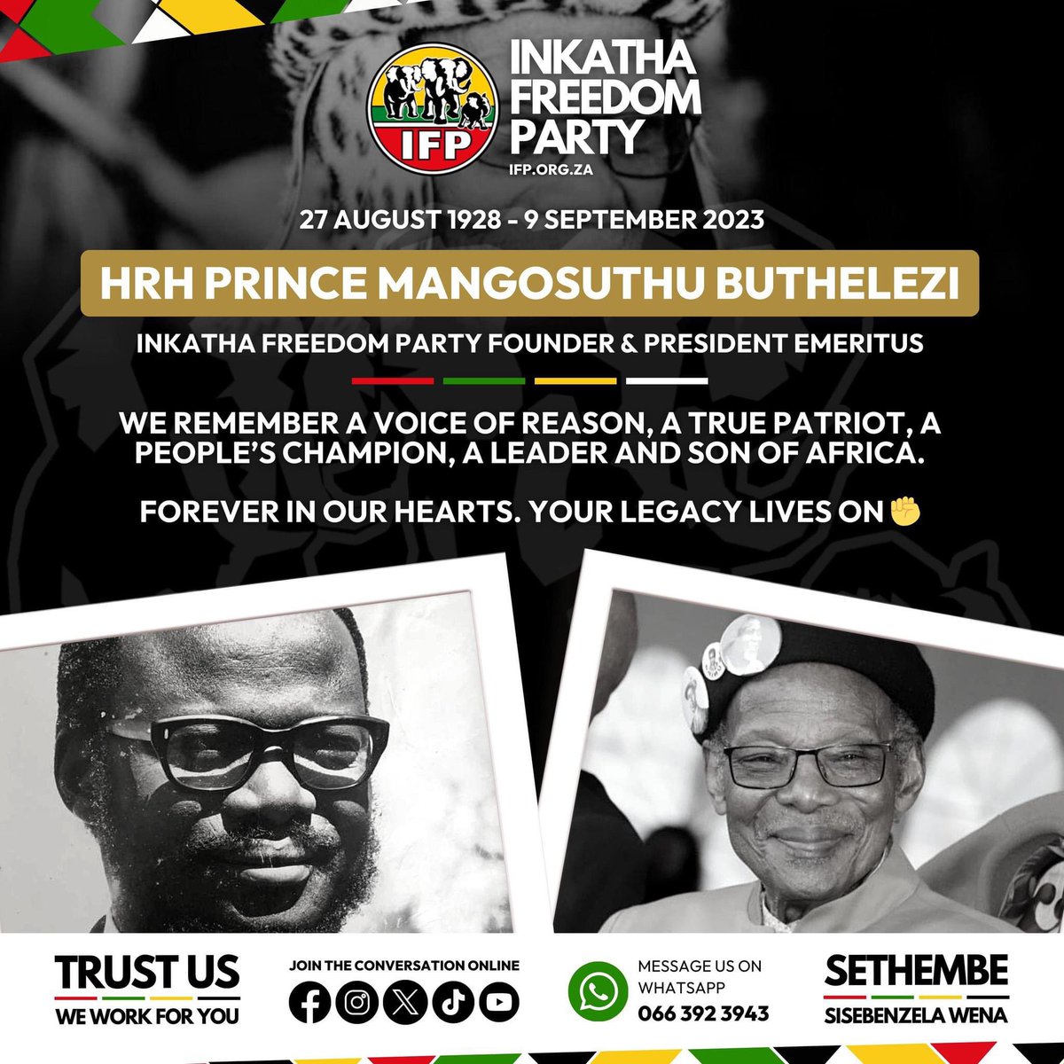 🐘🐘🐘🟥⬜️🟩⬛️🟨⬜️🟥
Today, we remember our Founder and President Emeritus, Prince Mangosuthu Buthelezi.

Gone, but not forgotten. Your life and legacy continues to guide us, and inspire us.

Long live the spirit of Shenge, long live!

#Shenge