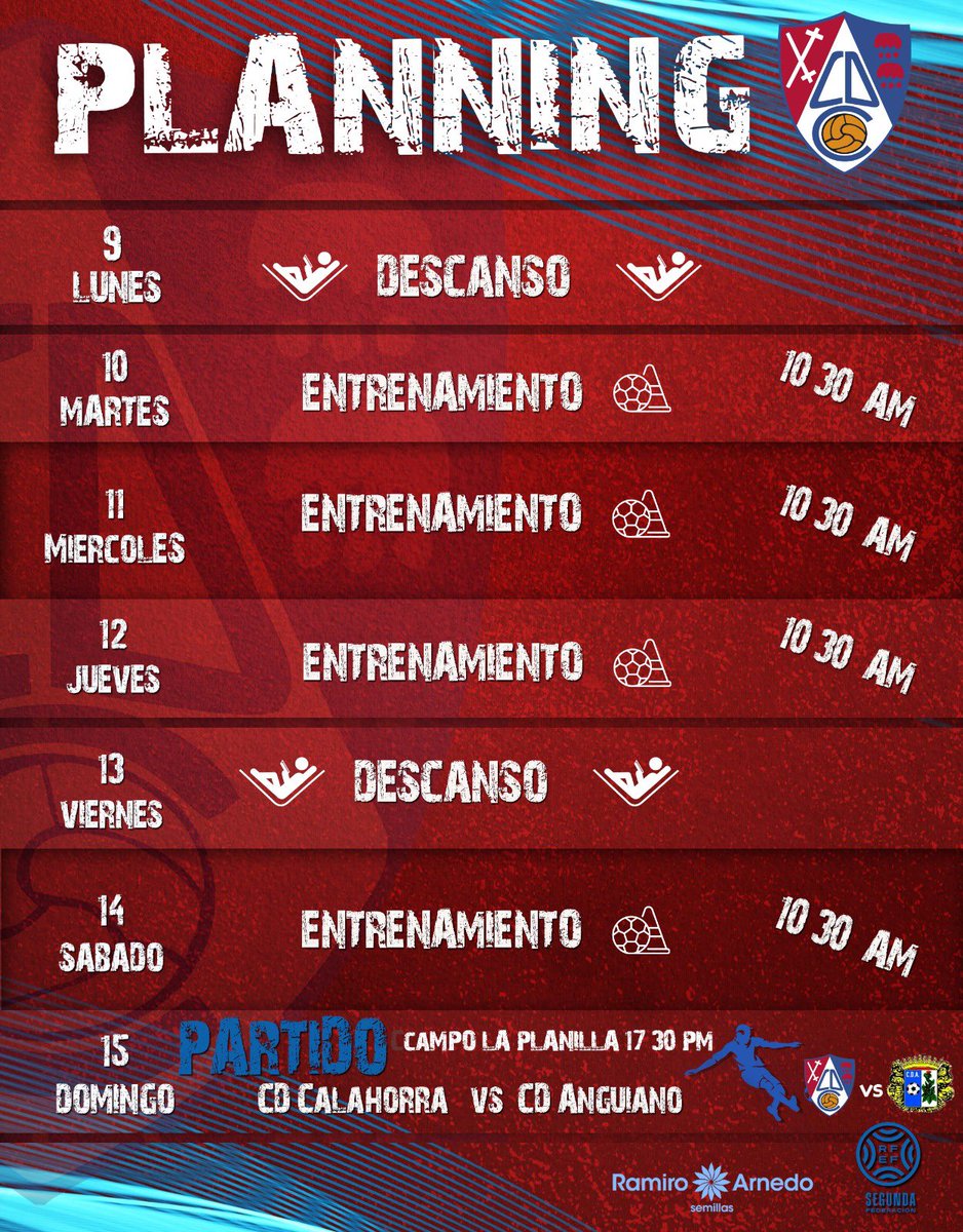 cdcalahorra's tweet photo. 📆 𝗣𝗟𝗔𝗡𝗡𝗜𝗡𝗚 𝗦𝗘𝗠𝗔𝗡𝗔𝗟 𝗗𝗘 𝗧𝗥𝗔𝗕𝗔𝗝𝗢 |
Nueva semana y como objetivo prepararnos a tope para  sumar la primera victoria el domingo frente al  @CDAnguiano❤️💙

#ciudadrojilla https://t.co/4ub0ixsghd