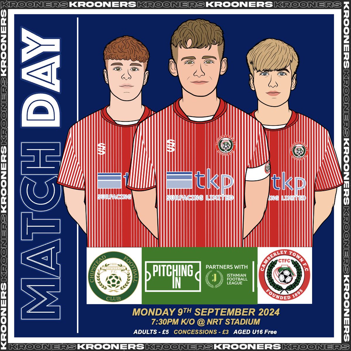 CTFC U18 (@ctfcu18) on Twitter photo Match Day | We travel to Chipstead in IYL Cup action ๐ดโช๏ธโฝ๏ธ
๐
<a href="/IsthmianLeague/">The Pitching In Isthmian League</a> Cup
๐๏ธ <a href="/ChipsteadFCU18/">Chipstead FC u18 Isthmian League</a>
๐ Monday 9th September
๐ 7:30PM
๐ NRT Stadium
๐ CR53SF
๐ท ยฃ5Adult, ยฃ3 Concession & U16 free
๐ป Bar Open
#MadeInCamberley #TogetherAsOne Match Day | We travel to Chipstead in IYL Cup action ๐ดโช๏ธโฝ๏ธ
๐
<a href="/IsthmianLeague/">The Pitching In Isthmian League</a> Cup
๐๏ธ <a href="/ChipsteadFCU18/">Chipstead FC u18 Isthmian League</a>
๐ Monday 9th September
๐ 7:30PM
๐ NRT Stadium
๐ CR53SF
๐ท ยฃ5Adult, ยฃ3 Concession & U16 free
๐ป Bar Open
#MadeInCamberley #TogetherAsOne