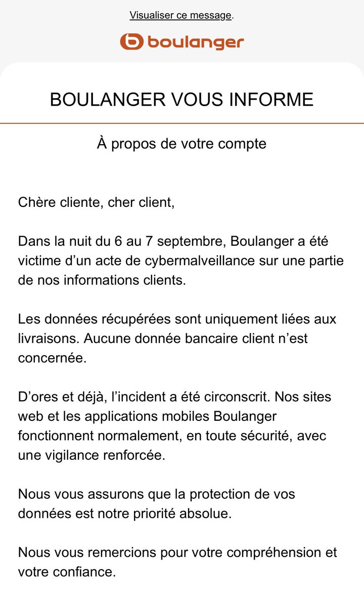 Dites <a href="/boulanger/">Boulanger</a> , on est censé être rassuré ? Tout est sous contrôle, ne vous inquiétez pas. Vous pourriez au moins dire quelles données sont concernées? <a href="/CNIL/">CNIL</a>