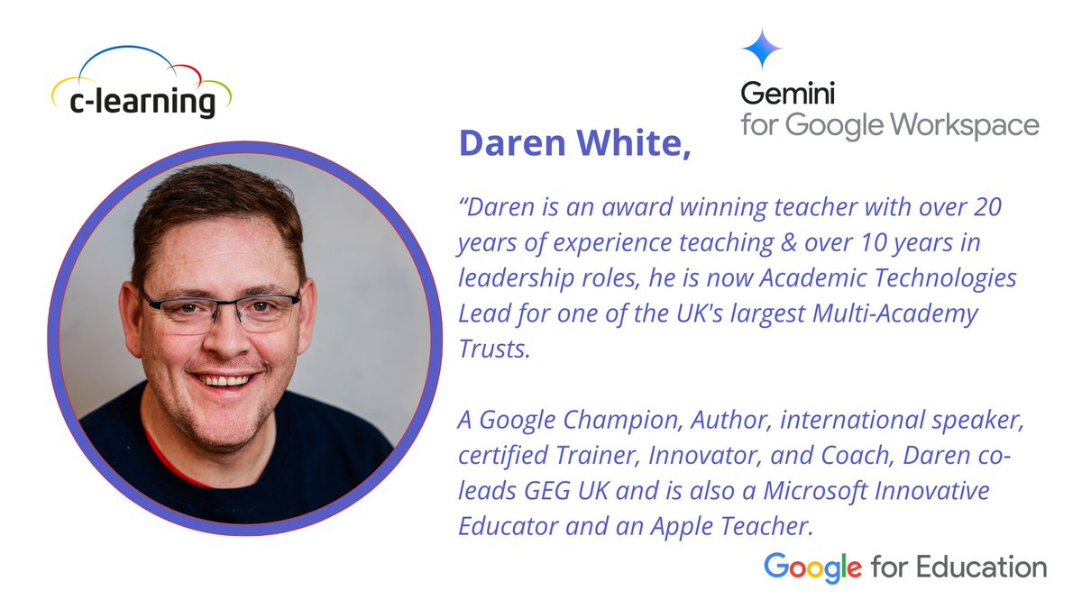 C-Learning (@c_learning_net) on Twitter photo We’re excited to welcome <a href="/Ranga_EDU/">Daren White</a> as a speaker at our #BackToSchool in the AI Era event, hosted by @C_Learning_ in partnership with <a href="/GoogleForEdu/">Google for Education</a> on Sept 20, 2024, at Google HQ. With 20+ years in education, Daren is the Academic Technologies Lead for a top UK Multi-Academy We’re excited to welcome <a href="/Ranga_EDU/">Daren White</a> as a speaker at our #BackToSchool in the AI Era event, hosted by @C_Learning_ in partnership with <a href="/GoogleForEdu/">Google for Education</a> on Sept 20, 2024, at Google HQ. With 20+ years in education, Daren is the Academic Technologies Lead for a top UK Multi-Academy