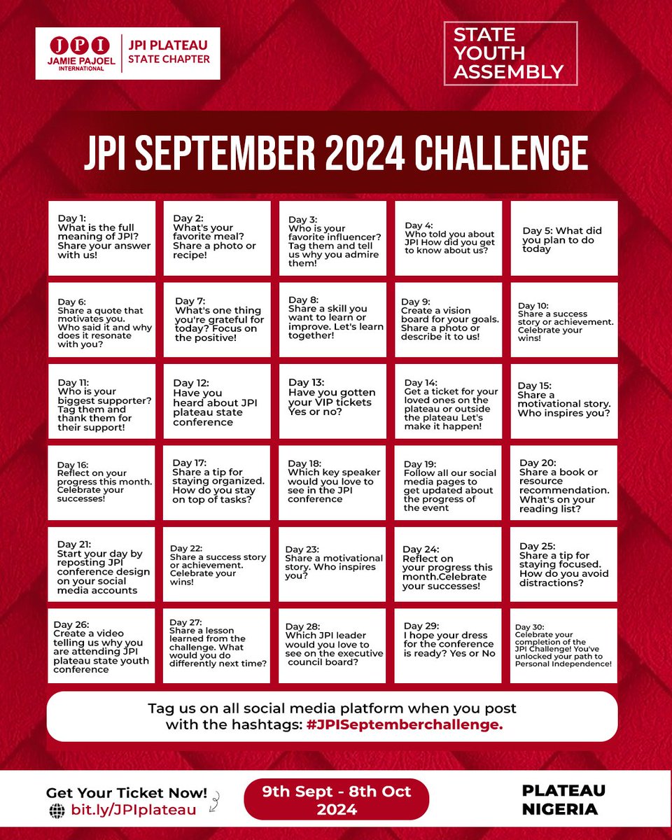 JPI_Plateau's tweet photo. Get ready for a life-changing month!
Join our 30-day challenge and unlock your path to Personal Independence!
For 30 days, we'll be sharing daily prompts to help you connect and grow.
#JPIChallenge #JPIPlateauState #JPILeaders #GrowWithJPI #LeadWithJPI https://t.co/RWL5cXV26w