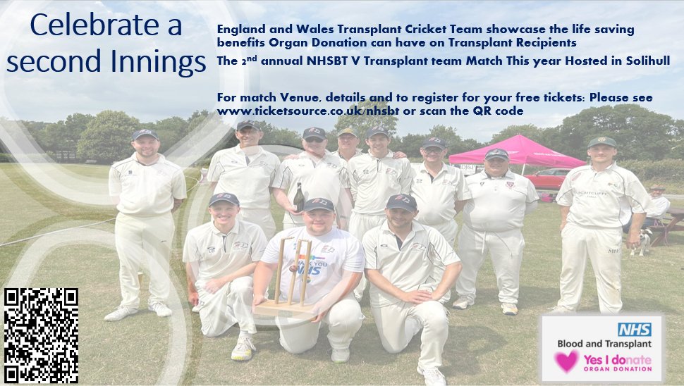 South Central ODT (@odtsouth) on Twitter photo With Organ Donation week fast approaching what a way to kick start it then with a game of cricket.
<a href="/ETransplantC/">🏏England and Wales Transplant Cricket🏏</a> vs <a href="/NHSBT/">NHS Blood+Transplant</a> will be played at <a href="/MoseleyCC/">Moseley Cricket Club</a>. Please come along & support organ donation.
Register for free tickets at ticketsource.co.uk/nhsbt With Organ Donation week fast approaching what a way to kick start it then with a game of cricket.
<a href="/ETransplantC/">🏏England and Wales Transplant Cricket🏏</a> vs <a href="/NHSBT/">NHS Blood+Transplant</a> will be played at <a href="/MoseleyCC/">Moseley Cricket Club</a>. Please come along & support organ donation.
Register for free tickets at ticketsource.co.uk/nhsbt