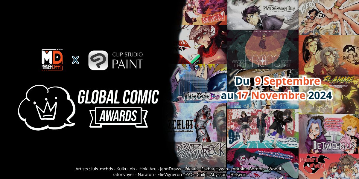 Mangadraft's tweet photo. 🆕 Lancement du concours Global Comic Awards 2024 avec @clipstudiopaint !

C'est quoi ? Un concours international de manga avec plus de 6000€ à remporter !

Avec en jury, @roro_lemaire et Frédéric Toutlemonde (Responsable chez @Euromanga) !

Plus d'info : https://t.co/VKwHwevn5k https://t.co/Xo93sxxe65