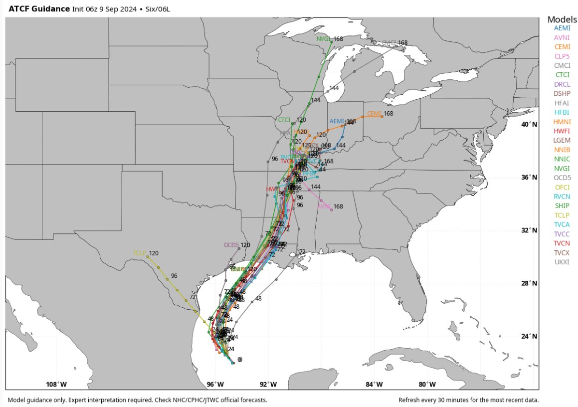 JimCantore's tweet photo. #PTC6 should spend the day consolidating as the plane found broad center yesterday because of the frontal interaction and old 90L.   New advisory should put Acadiana in the heart of the impacts with latest guidance, but there is still wiggle room without a true center.  Regardless expect a hurricane at landfall Wednesday late and overnight and more HEAVY RAIN coming back to this saturated area.  Shear and dry air "COULD" impact system on approach potentially keeping down a notch from intensifying upon landfall, but that is only speculation.  New NHC advisory out soon.
