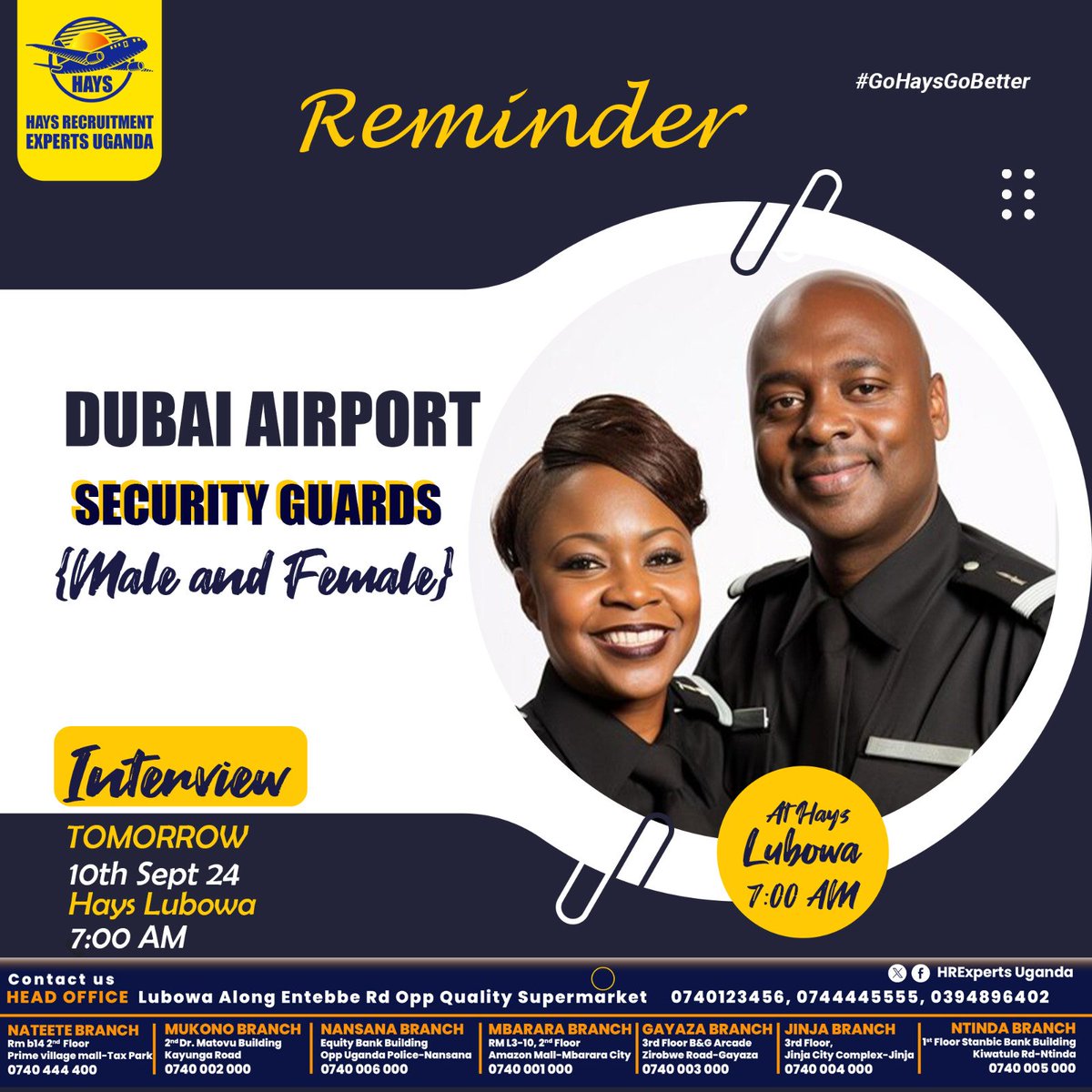 HREXPERTSUganda's tweet image. Tommorow 10th Sept 2024,is yet another chance for Dubai Airport Security Guards.(Male &amp;amp;Female).
Try your luck once again at 7Am.
Not forgetting FREE REGISTRATION ALWAYS!!
📞0740123456 for more info.
#gohaysgobetter.@HaysClub85198 @eddiespikaagaba @PatraUg1 @Kachaina1