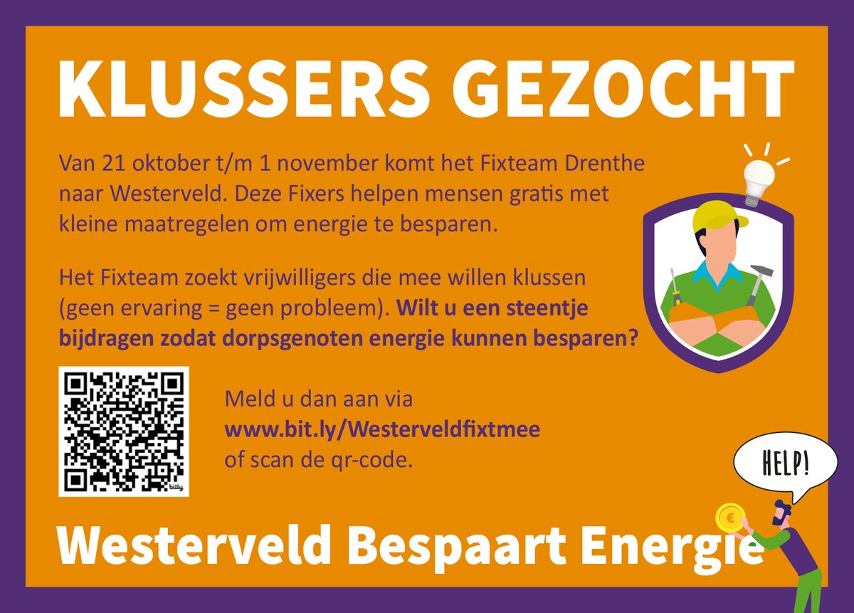 gem_westerveld's tweet image. Mensen helpen energiebesparende maatregelen te nemen? Word klusser tijdens de Fixdagen.🛠️ Meld u aan op bit.ly/Westerveldfixt… of mail voor meer informatie naar duurzaamheid@gemeentewesterveld.nl ovv Westerveld Bespaart Energie.