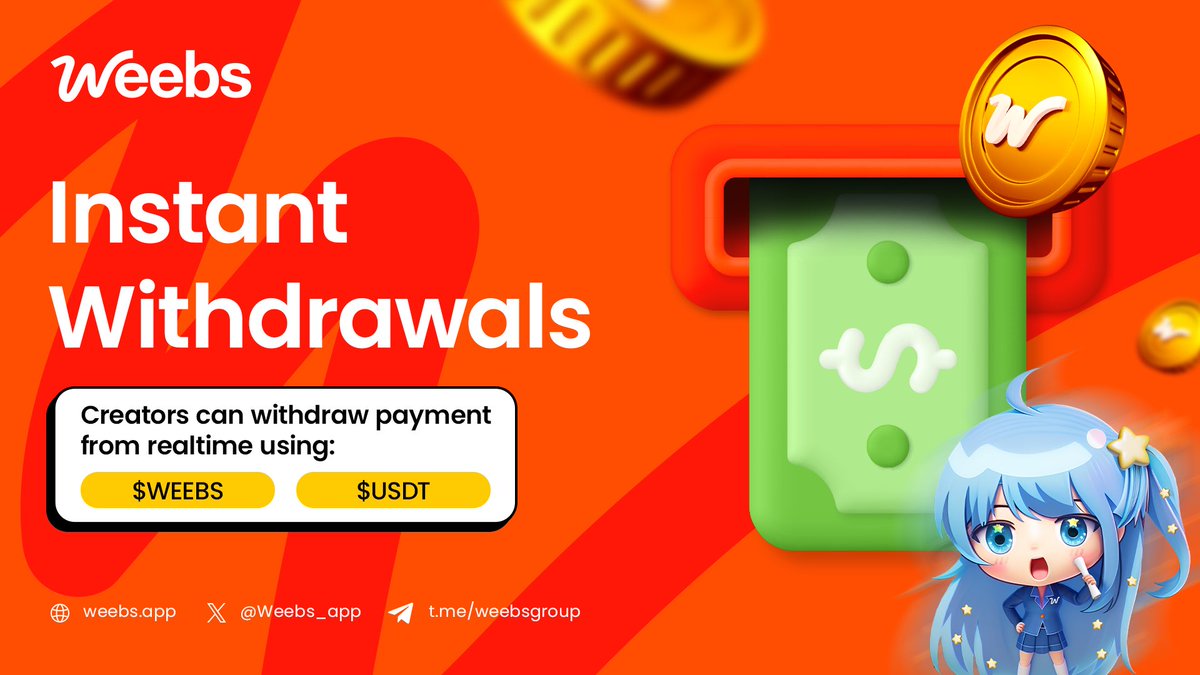 Weebs_app's tweet photo. Instant withdrawals are here! π
Creators can now withdraw payments instantly and in real-time using $WEEBS and $USDT. Get your earnings fast, secure, and hassle-free. No more waiting! πΈ
#WeebsApp #WeebsArmy #Crypto https://t.co/aP5gSLAPRN