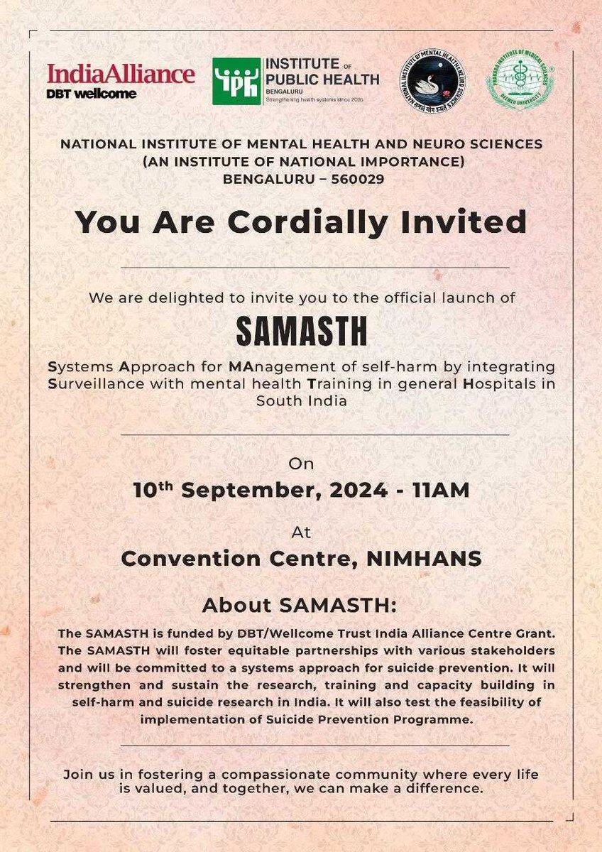 iphindia's tweet photo. We are excited to invite you to the launch of the SAMASTH project Centre on Sept 10th, 11 AM at NIMHANS Convention Centre, Bangalore.
Looking forward to seeing you there!
@India_Alliance @NIMHANS_BLR @PravaraOf
#20yearsofIPH #publichealth #IPHbengaluru #SAMASTHLaunch #NIMHANS #Bangalore