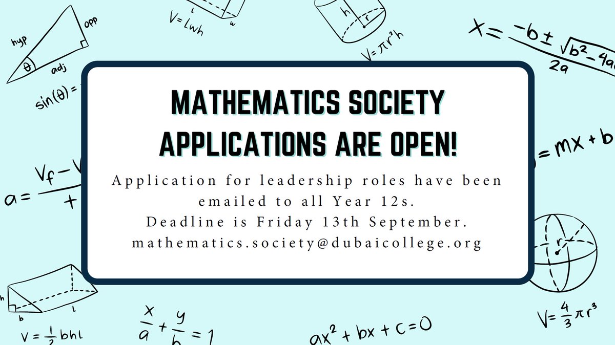 DC Maths (@dcol_maths) on Twitter photo We have huge plans for this academic year! More/bigger/better competitions than ever before and we need your help to run these events. Applications are now open to Year 12s for all the lead positions of the <a href="/DubaiCollege/">@DubaiCollege</a> Mathematics Society. Apply by Friday! We have huge plans for this academic year! More/bigger/better competitions than ever before and we need your help to run these events. Applications are now open to Year 12s for all the lead positions of the <a href="/DubaiCollege/">@DubaiCollege</a> Mathematics Society. Apply by Friday!