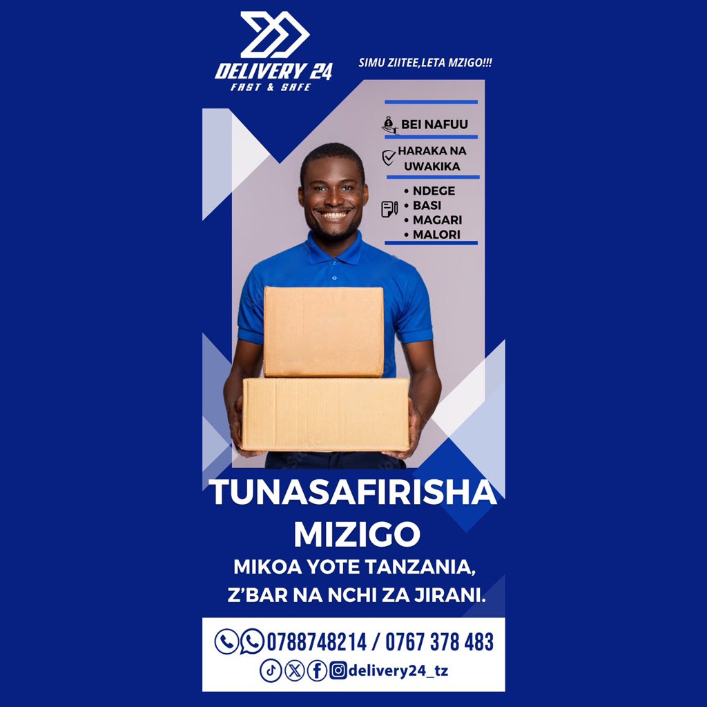Delivery24_tz's tweet photo. Mzigo ni Wako. Kufika ni Kazi yetu. Popote nchini na kwa majirani. TUNAFIKA. 
Simu ziite, Leta mzigo

#D24 https://t.co/NbUOqMgXz3