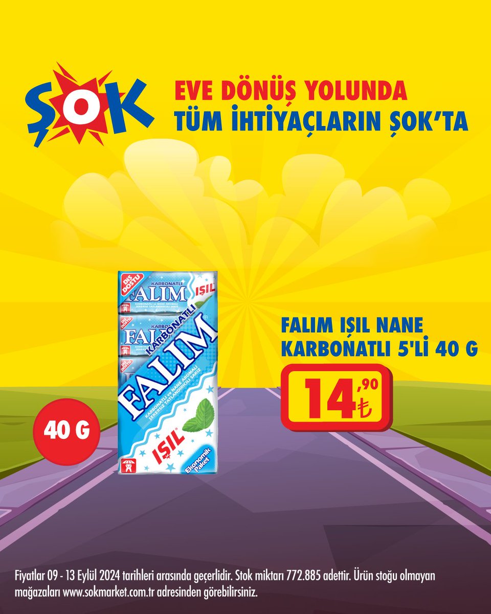 SokMarketler's tweet photo. Eve dönüş yolunda tüm ihtiyaçların #ŞOK’ta! 💛
Falım Işıl Karbonatlı ve Nane Aromalı Sakız 5'li #ŞOKUcuz fiyatıyla hem #ŞOK’ta hem de #CepteŞOK’ta! 🤩
#BackToCity
https://t.co/aWD7W052mo https://t.co/CycBxYbCPq