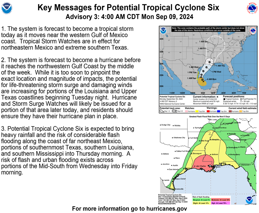 4AM CDT Sept. 9: Potential Tropical Cyclone #Six is expected to become ...