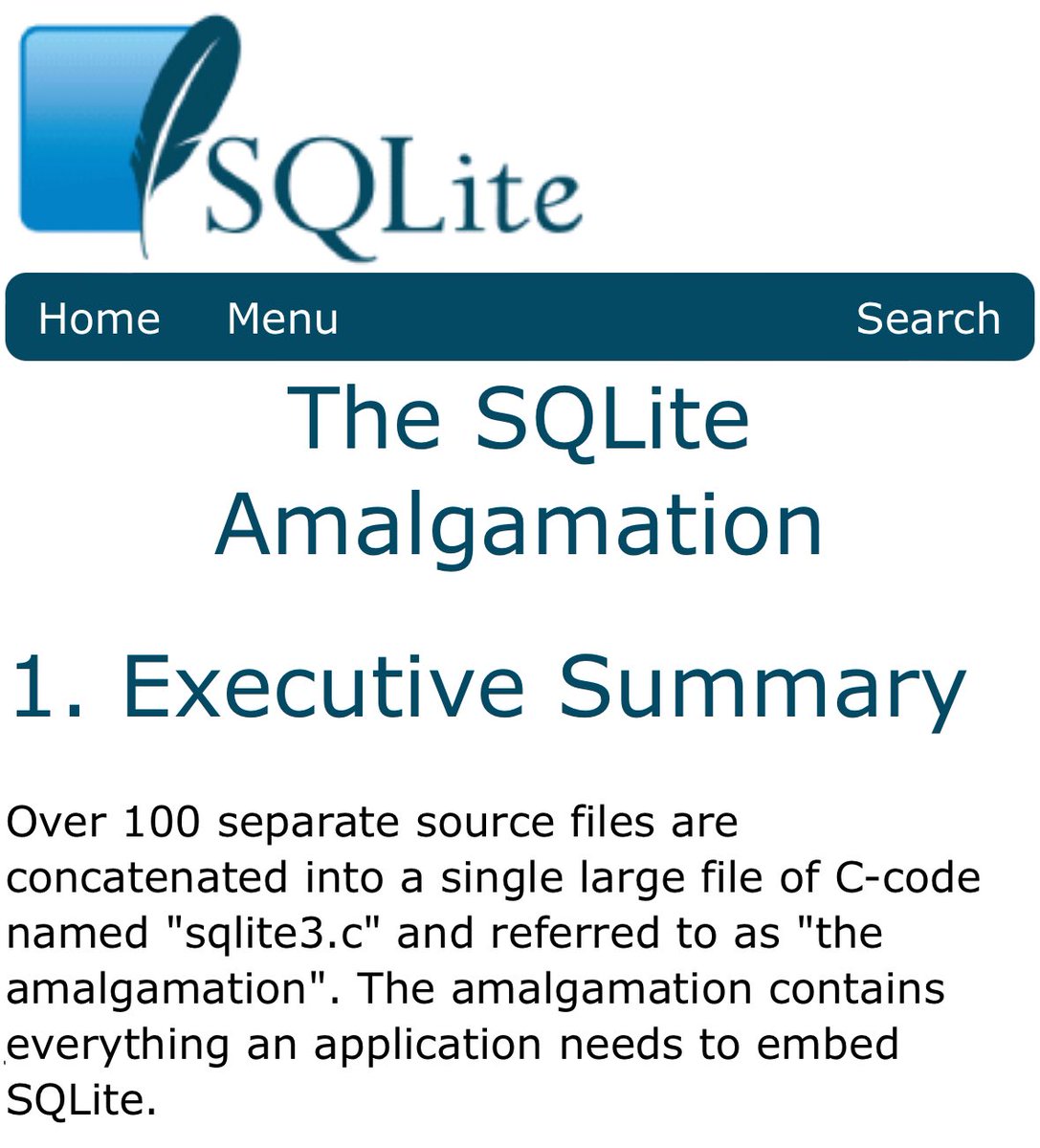ChShersh's tweet photo. Entire SQLite being a single C file is an underrated feature.

It’s actually impressive, quite useful, and I’m surprised devs don’t do such packaging solutions more often. https://t.co/TICA2mDMg1