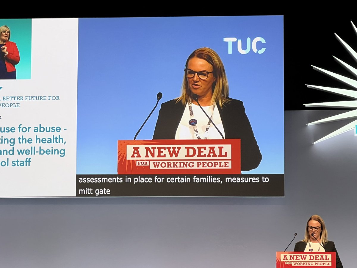 PaulWhiteman6's tweet photo. @NAHTnews Vice President Angi Gibson  making the point that teachers and school leaders are entitled to respect and dignity. There is no excuse for abuse. #TUC2024 https://t.co/rsgq1DioZC
