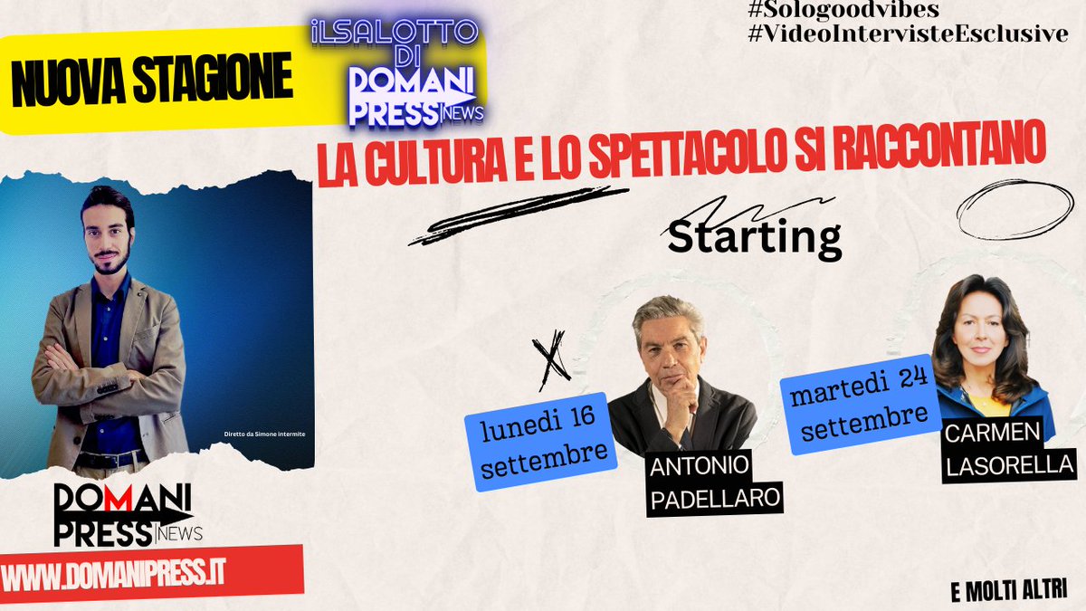 🔝👁️📺Domanipress.it è pronta a inaugurare la nona edizione de #IlSalottodiDomanipress , il talk diretto da  <a href="/simonintermite/">Simone Intermite</a> ricco di incontri esclusivi. Si parte con due grandi nomi del giornalismo #AntonioPadellaro e #CarmenLasorella ➡️ domanipress.it/il-salotto-di-…