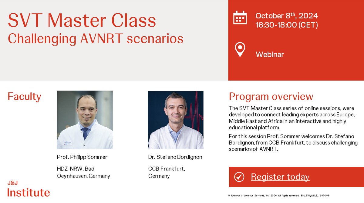 Stefano Bordignon, EP (@bordistef) on Twitter photo #epeeps an honor to be part of next #SVTmasterclass with <a href="/Phiso_de/">Philipp Sommer</a> ... AVNRT is the most intriguing tachycardia, join us for a discussion on difficult scenarios in AVNRT ablation!
cvent.me/GwRebV?RefId=X #epeeps an honor to be part of next #SVTmasterclass with <a href="/Phiso_de/">Philipp Sommer</a> ... AVNRT is the most intriguing tachycardia, join us for a discussion on difficult scenarios in AVNRT ablation!
cvent.me/GwRebV?RefId=X