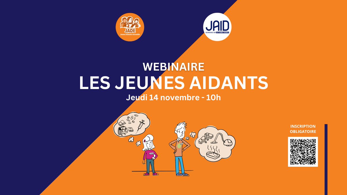 JeunesAidants's tweet photo. 📣 Co-organisé avec @JaidRecherche, le prochain webinaire "Les jeunes aidants" aura lieu le jeudi 14 novembre, de 10h à 12h.

Programme et inscriptions : https://t.co/el3buOxu6E

#webinaire #jeunesaidants https://t.co/HvwoS2ev7r