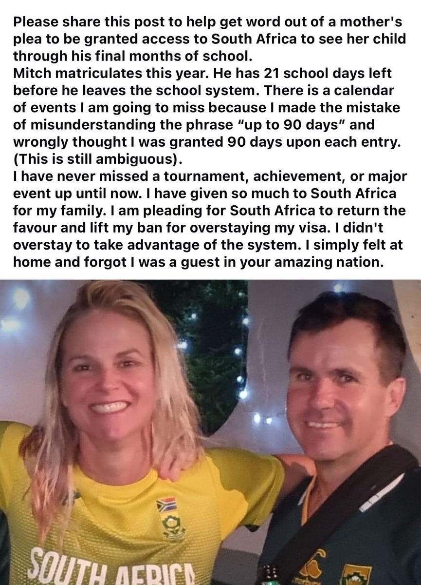 TessTurvey's tweet photo. @Leon_Schreib @HomeAffairsSA Is it fair to ban someone who contributes to SA economy as her 2nd home? She’s invested millions in school fees, taxes, local biz &amp; supported SA for 18 years. Now missing her son's final school days due to visa misunderstanding. Can her ban be lifted? https://t.co/UMka88KCNX