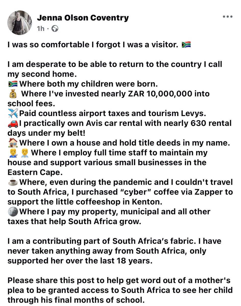TessTurvey's tweet photo. @Leon_Schreib @HomeAffairsSA Is it fair to ban someone who contributes to SA economy as her 2nd home? She’s invested millions in school fees, taxes, local biz &amp; supported SA for 18 years. Now missing her son's final school days due to visa misunderstanding. Can her ban be lifted? https://t.co/UMka88KCNX