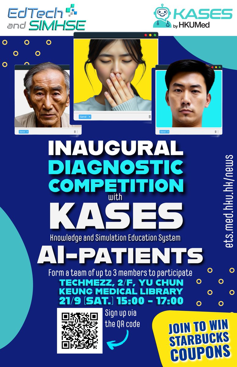hku_simhsedtec's tweet photo. We are excited to announce the KASES Inaugural Competition, marking the launch of #HKUMed's innovative medical and healthcare sciences education platform.

Go to https://t.co/eJFhttzq66 for details on how to sign up

#EdTech #MedTech #GenAI #KASESCompetition https://t.co/eHWCwiyoN7