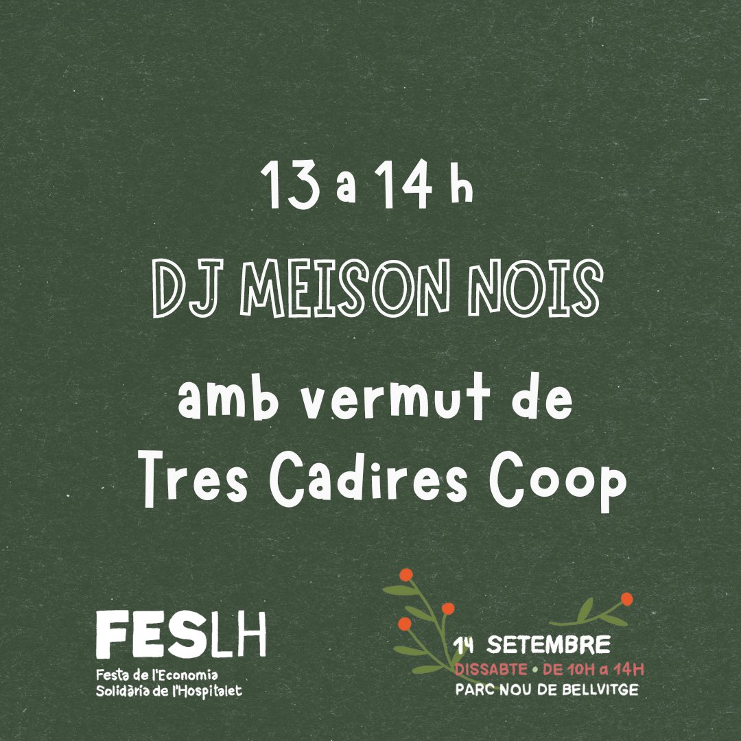 xeslh's tweet photo. Dissabte 14 a la #FESLH gaudirem d'un vermut musical🕺🏽🎵
De 13 a 14 h podreu ballar amb la música de Meison Nois mentre beveu vermut de @TresCadires 🫧✨ la nostra coope amiga i de referència a Ponent per fer un bon beure🥰
📍 Dissabte 14 de setembre al Parc Nou de Bellvitge https://t.co/63nPPi0QIn